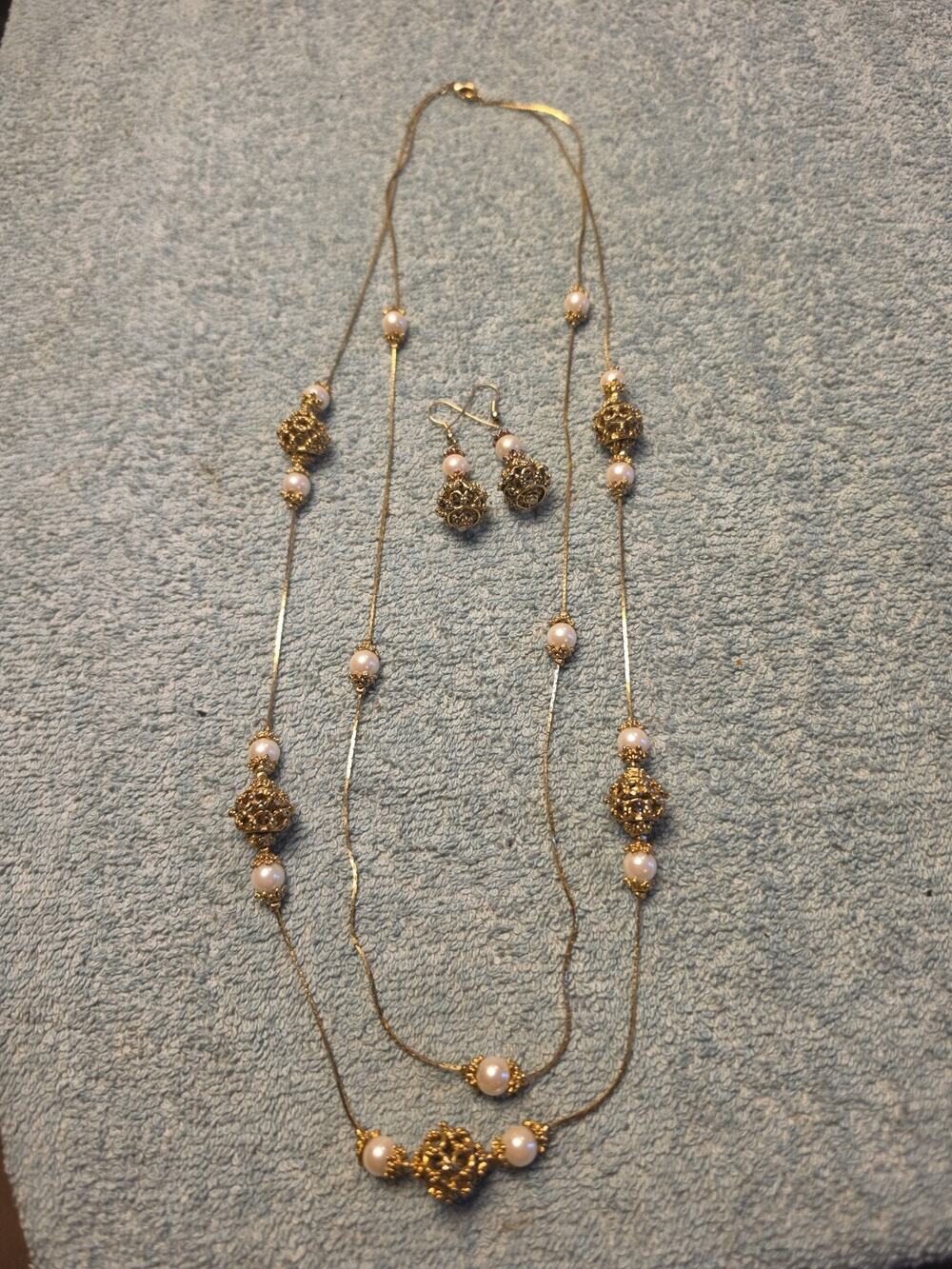 Vintage Gold Tone Long Layering Necklace Earring Set Faux Pearl Filigree Bead